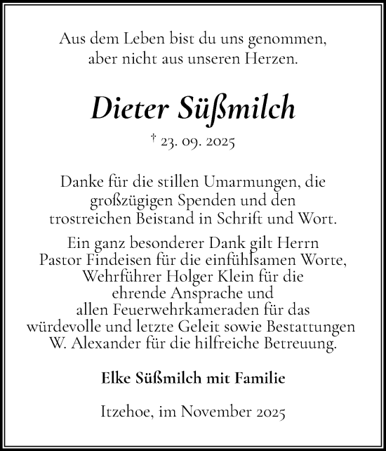 Traueranzeige von Dieter Süßmilch von Norddeutsche Rundschau, Wilstersche Zeitung, Glückstädter Fortuna