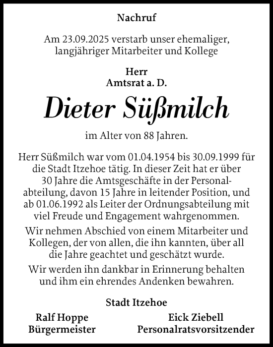 Traueranzeige von Dieter Süßmilch von Norddeutsche Rundschau, Wilstersche Zeitung, Glückstädter Fortuna