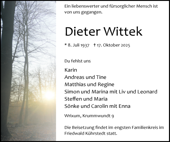 Traueranzeige von Dieter Wittek von Der Insel-Bote