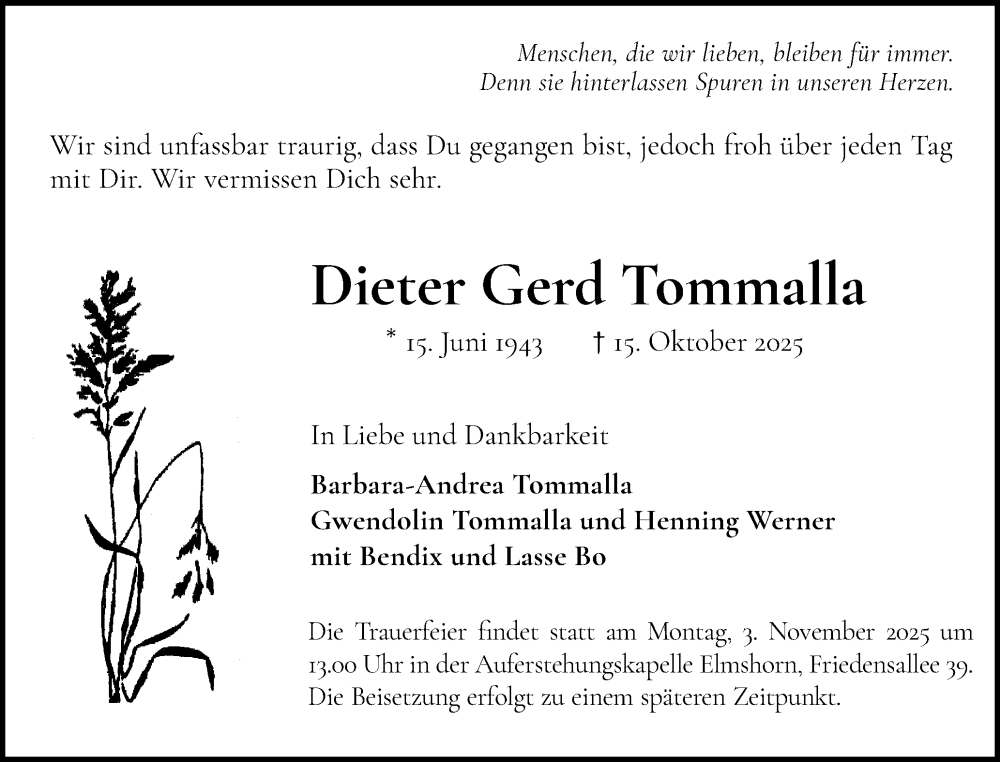  Traueranzeige für Dieter Gerd Tommalla vom 25.10.2025 aus Elmshorner Nachrichten, Barmstedter Zeitung