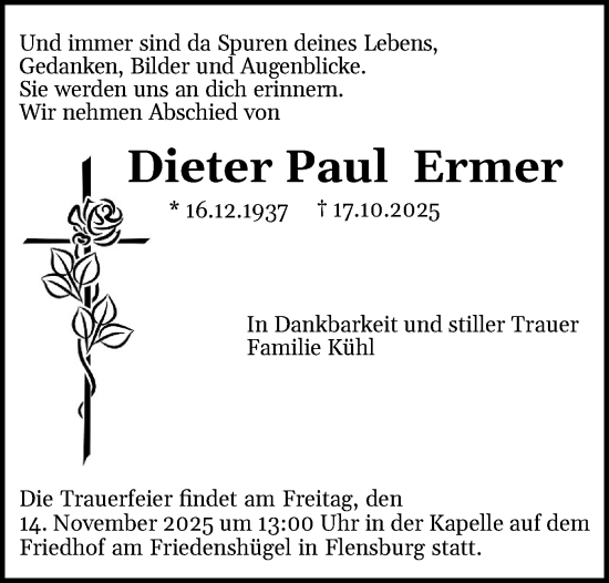 Traueranzeige von Dieter Paul Ermer von Flensburger Tageblatt