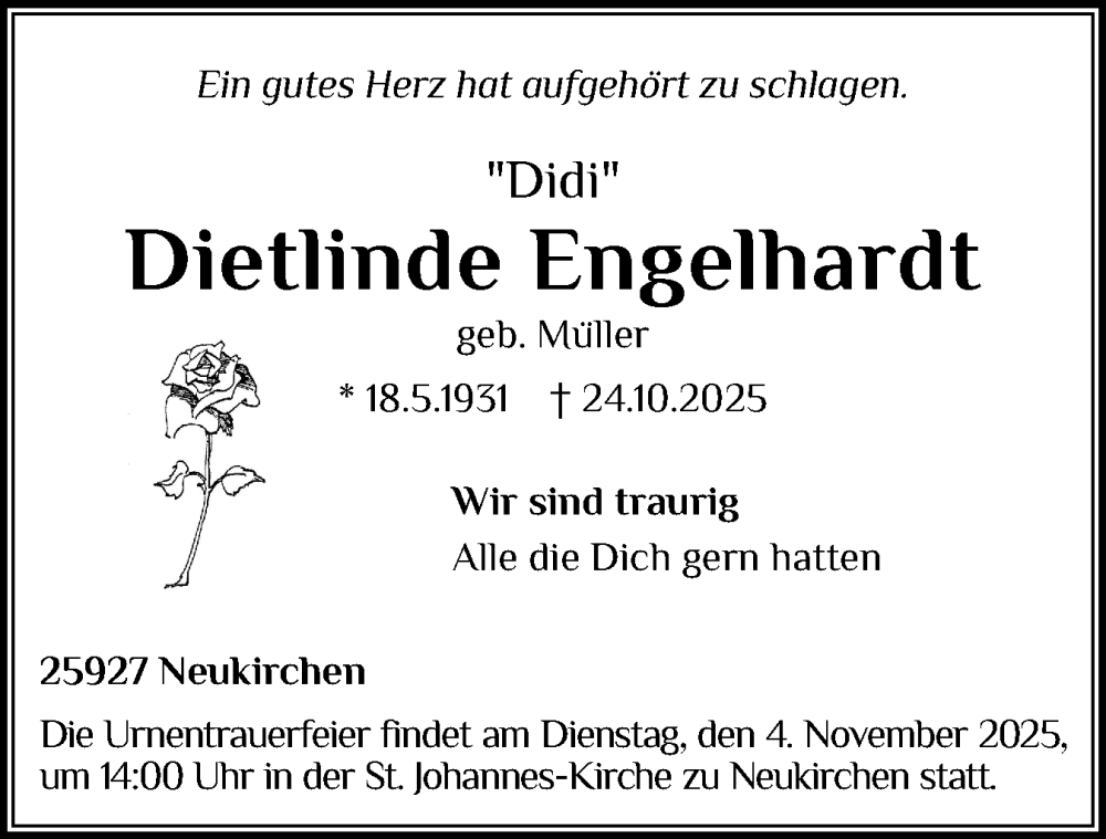  Traueranzeige für Dietlinde Engelhardt vom 30.10.2025 aus Husumer Nachrichten, Nordfriesland Tageblatt