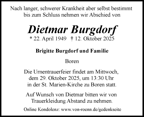Traueranzeige von Dietmar Burgdorf von Schleswiger Nachrichten, Schlei-Bote