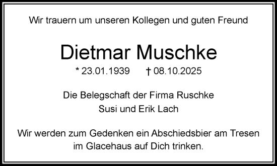 Traueranzeige von Dietmar Muschke von MARKT Bad Oldesloe/Reinfeld und Stormarner Tageblatt