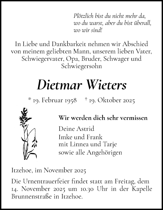 Traueranzeige von Dietmar Wieters von Norddeutsche Rundschau, Wilstersche Zeitung, Glückstädter Fortuna