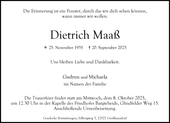 Traueranzeige von Dietrich Maaß von MARKT Ahrensburg/Bargteheide/Trittau und Stormarner Tageblatt