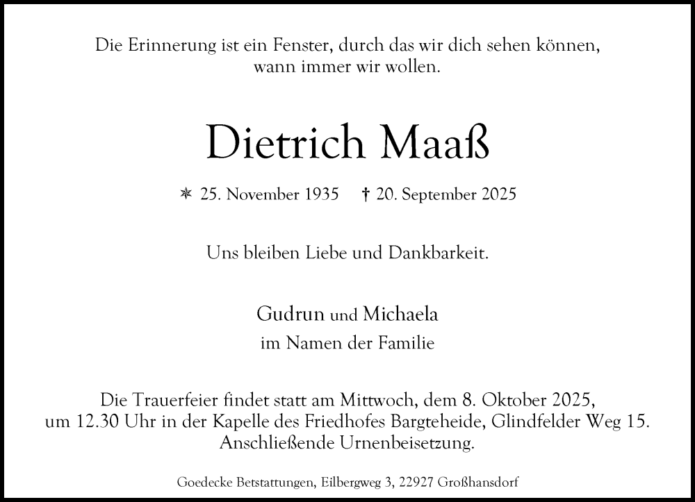  Traueranzeige für Dietrich Maaß vom 04.10.2025 aus MARKT Ahrensburg/Bargteheide/Trittau und Stormarner Tageblatt