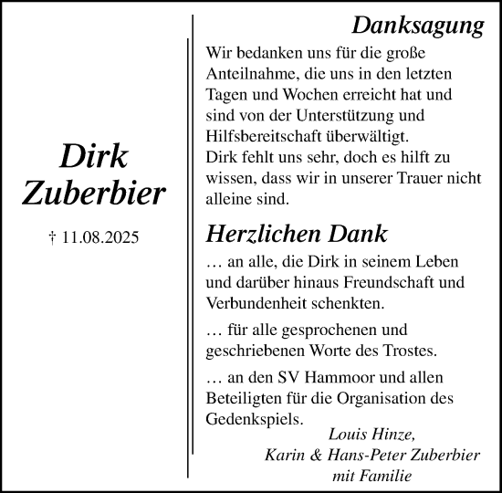 Traueranzeige von Dirk Zuberbier von MARKT Ahrensburg/Bargteheide/Trittau und Stormarner Tageblatt