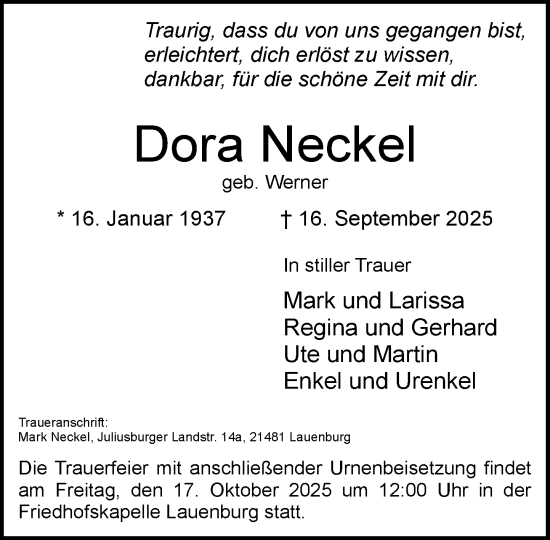 Traueranzeige von Dora Neckel von Wochenend Anzeiger