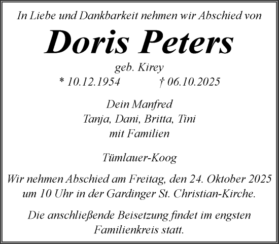 Traueranzeige von Doris Peters von Husumer Nachrichten, Nordfriesland Tageblatt