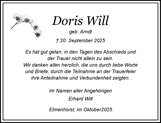 Traueranzeige von Doris Will von Wochenend Anzeiger
