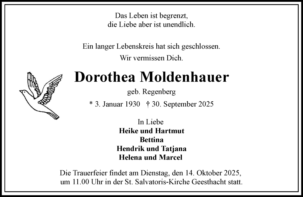  Traueranzeige für Dorothea Moldenhauer vom 11.10.2025 aus Wochenend Anzeiger