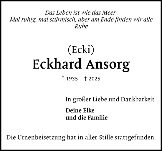 Traueranzeige von Eckhard Ansorg von Uetersener Nachrichten, Der tip am Wochenende
