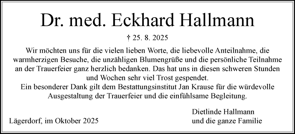  Traueranzeige für Eckhard Hallmann vom 04.10.2025 aus Norddeutsche Rundschau, Wilstersche Zeitung, Glückstädter Fortuna