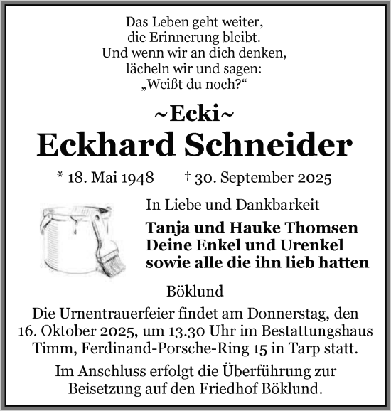 Traueranzeige von Eckhard Schneider von Schleswiger Nachrichten, Schlei-Bote