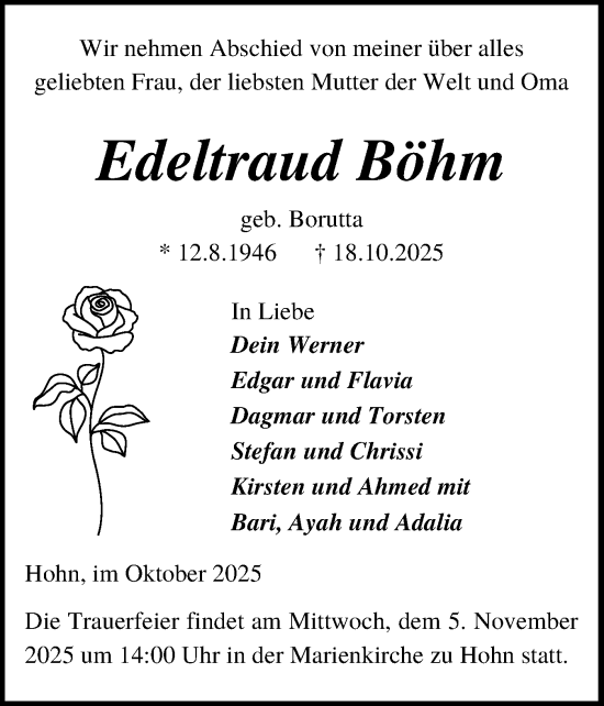 Traueranzeige von Edeltraud Böhm von Schleswig-Holsteinische Landeszeitung