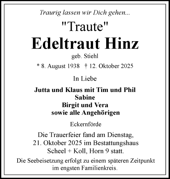 Traueranzeige von Edeltraut Hinz von Hallo Eckernförde