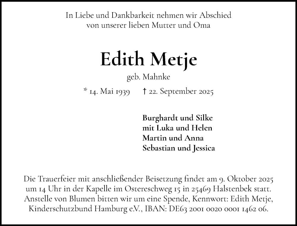  Traueranzeige für Edith Metje vom 04.10.2025 aus Region Pinneberg und tip Pinneberg
