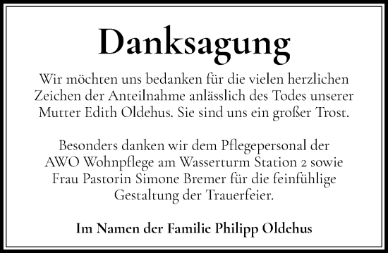 Traueranzeige von Edith Oldehus von Holsteinischer Courier