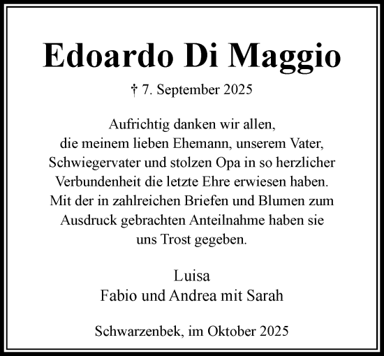 Traueranzeige von Edoardo Di Maggio von Wochenend Anzeiger