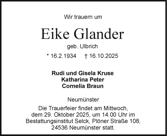 Traueranzeige von Eike Glander von Holsteinischer Courier