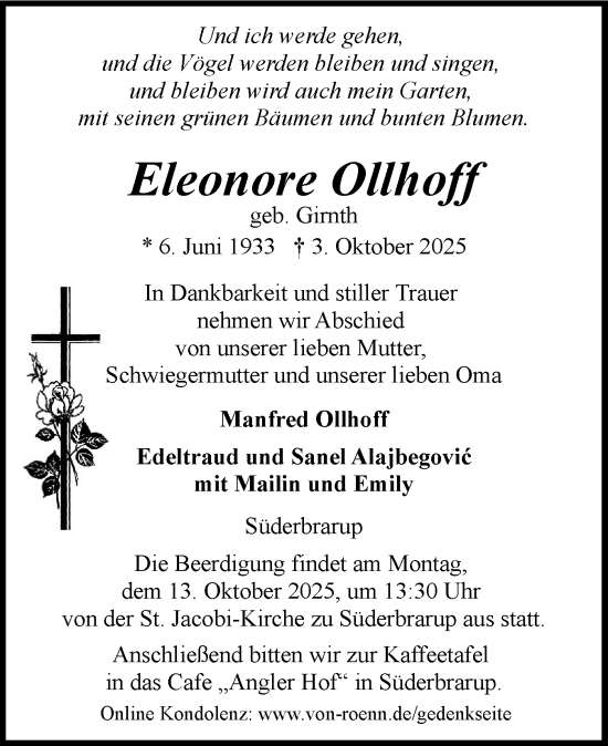 Traueranzeige von Eleonore Ollhoff von Die WochenSchau Gesamtausgabe