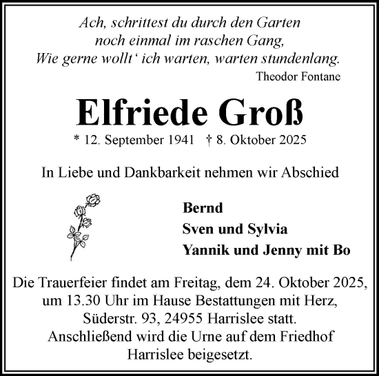 Traueranzeige von Elfriede Groß von Flensburger Tageblatt