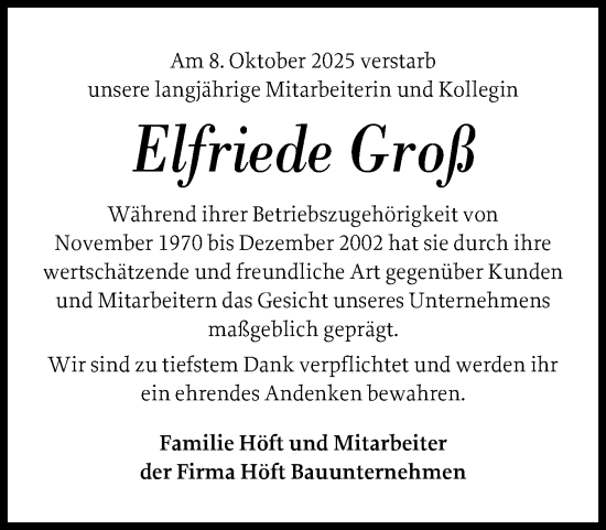 Traueranzeige von Elfriede Groß von Flensburger Tageblatt