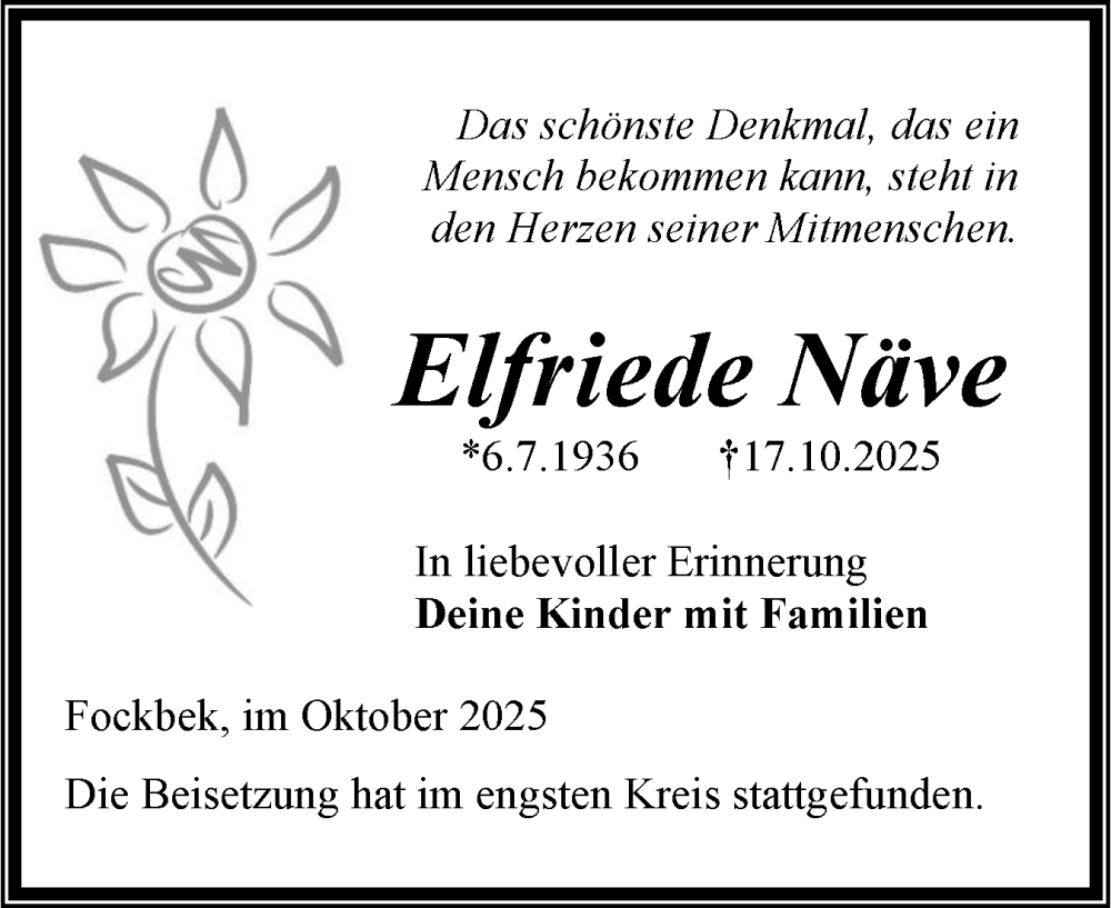  Traueranzeige für Elfriede Näve vom 01.11.2025 aus Schleswig-Holsteinische Landeszeitung