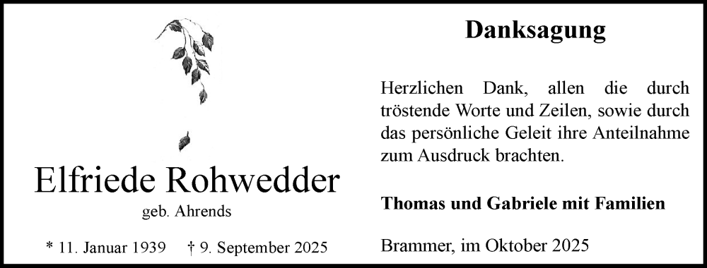  Traueranzeige für Elfriede Rohwedder vom 04.10.2025 aus Schleswig-Holsteinische Landeszeitung