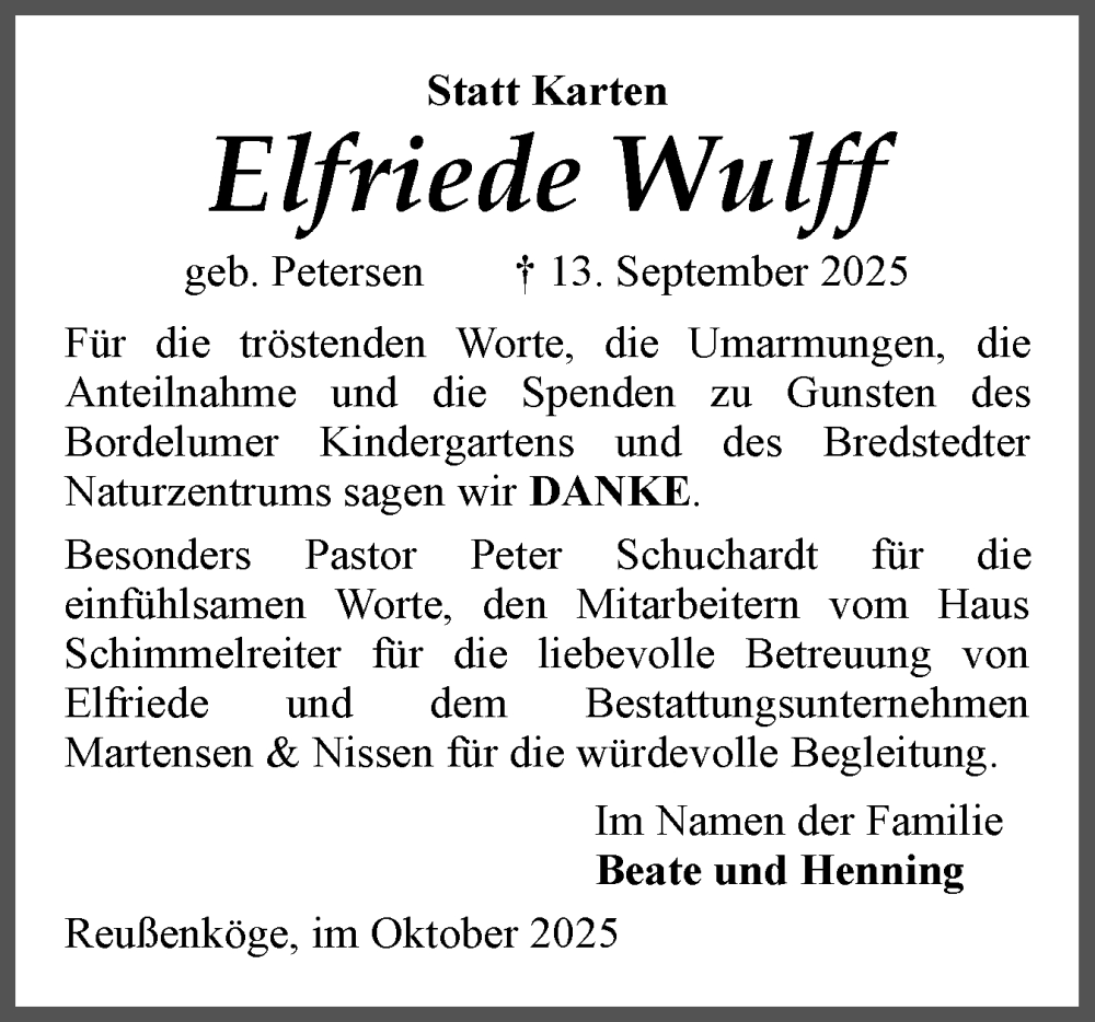  Traueranzeige für Elfriede Wulff vom 25.10.2025 aus Husumer Nachrichten, Nordfriesland Tageblatt