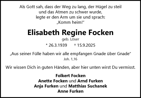 Traueranzeige von Elisabeth Regine Focken von MARKT Ahrensburg/Bargteheide/Trittau und Stormarner Tageblatt