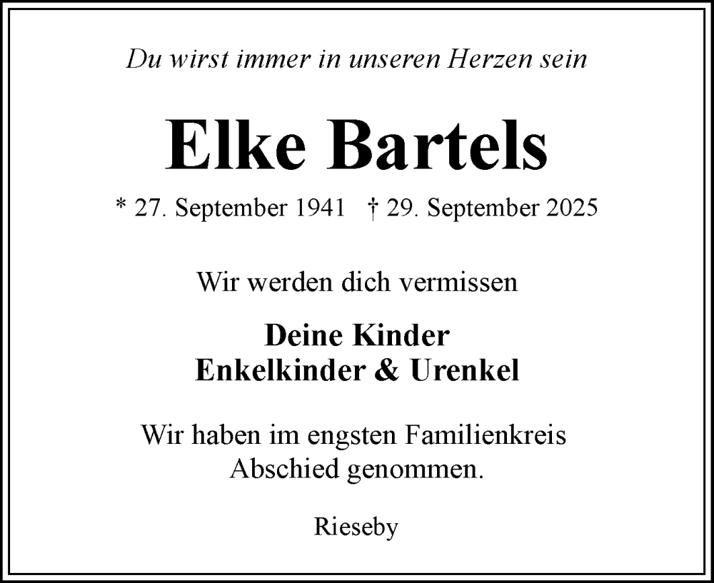 Traueranzeige für Elke Bartels vom 18.10.2025 aus Eckernförder Zeitung, Hallo Eckernförde