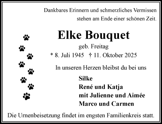 Traueranzeige von Elke Bouquet von MARKT Bad Oldesloe/Reinfeld und Stormarner Tageblatt