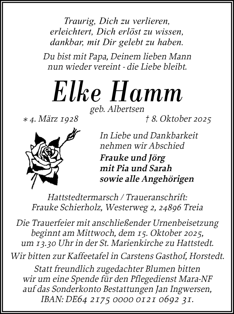  Traueranzeige für Elke Hamm vom 11.10.2025 aus Husumer Nachrichten, Nordfriesland Tageblatt