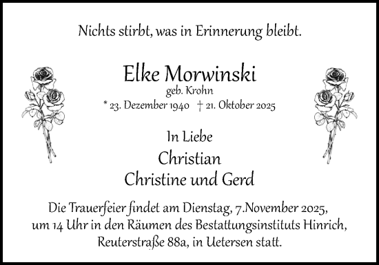 Traueranzeige von Elke Morwinski von Uetersener Nachrichten, Der tip am Wochenende
