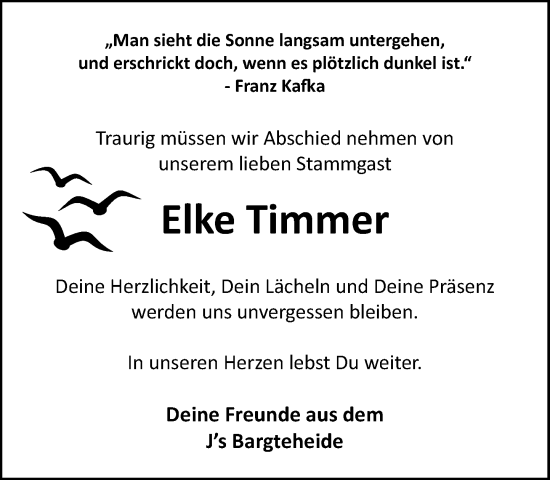 Traueranzeige von Elke Timmer von MARKT Ahrensburg/Bargteheide/Trittau und Stormarner Tageblatt