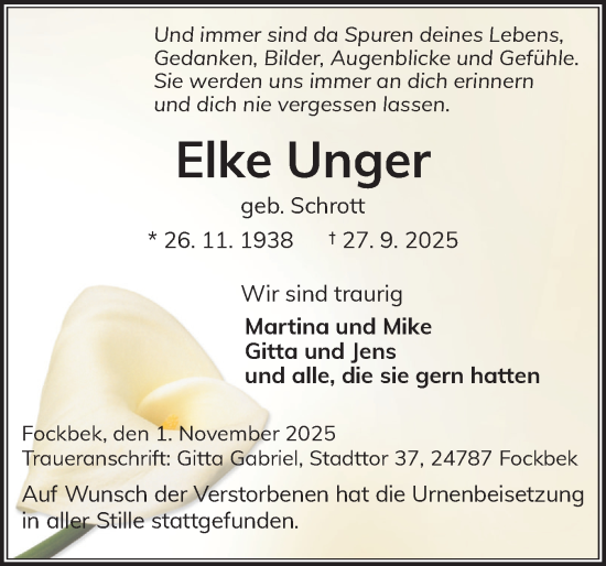 Traueranzeige von Elke Unger von Schleswig-Holsteinische Landeszeitung