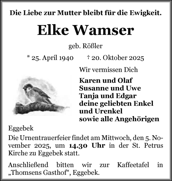 Traueranzeige von Elke Wamser von Flensburger Tageblatt, Schleswiger Nachrichten, Schlei-Bote