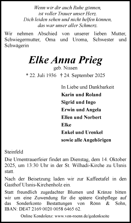 Traueranzeige von Elke Anna Prieg von Region Flensburg