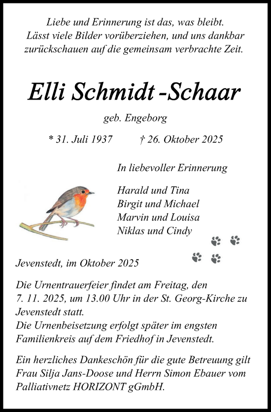 Traueranzeige von Elli Schmidt-Schaar von Schleswig-Holsteinische Landeszeitung