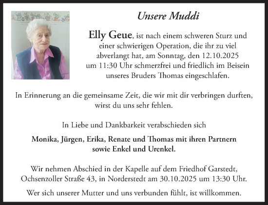 Traueranzeige von Elly Geue von Umschau