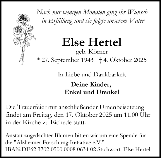 Traueranzeige von Else Hertel von MARKT Bad Oldesloe/Reinfeld, MARKT Ahrensburg/Bargteheide/Trittau und Stormarner Tageblatt