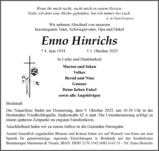 Traueranzeige von Enno Hinrichs von Husumer Nachrichten, Nordfriesland Tageblatt