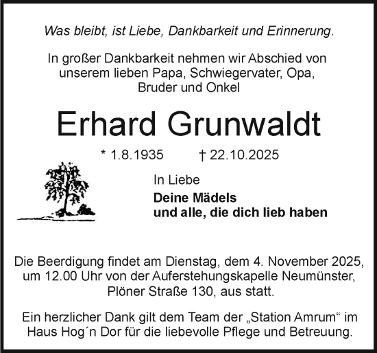 Traueranzeige von Erhard Grunwaldt von Holsteinischer Courier