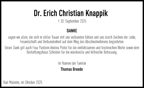 Traueranzeige von Erich Christian Knappik von Ostholsteiner Anzeiger