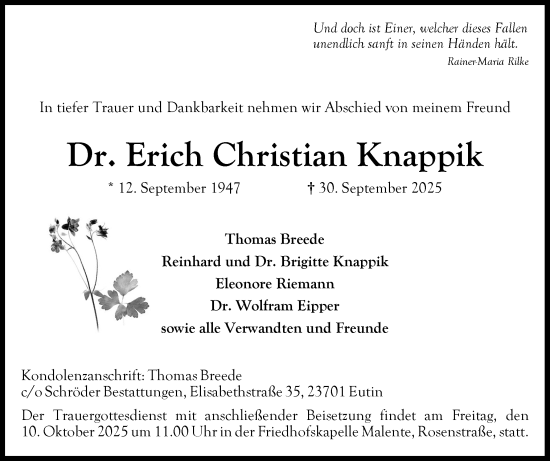 Traueranzeige von Erich Christian Knappik von Ostholsteiner Anzeiger