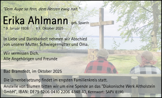 Traueranzeige von Erika Ahlmann von Der Insel-Bote