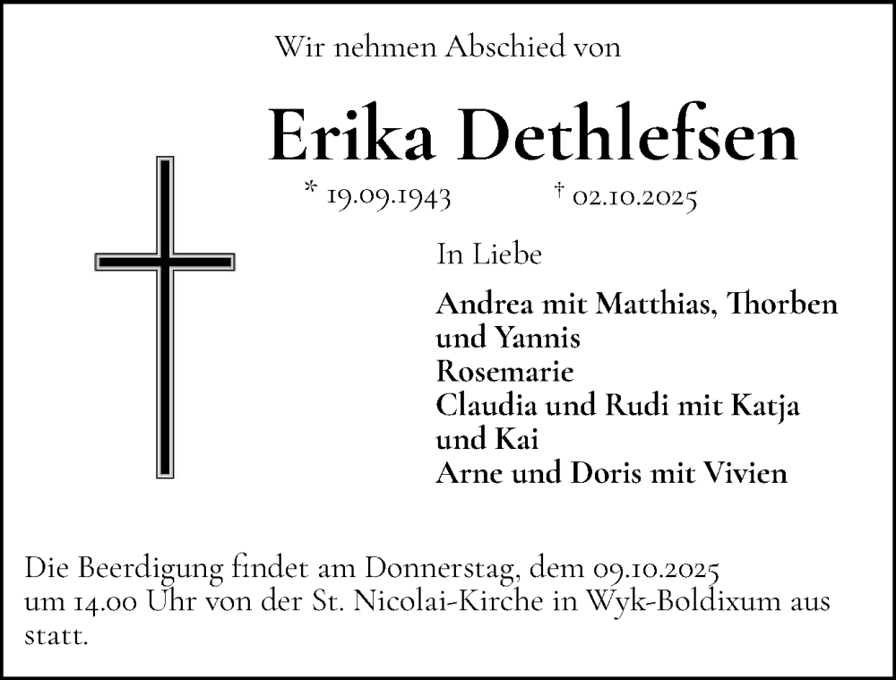 Traueranzeige für Erika Dethlefsen vom 07.10.2025 aus Der Insel-Bote