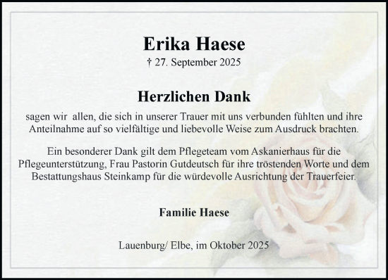 Traueranzeige von Erika Haese von Wochenend Anzeiger